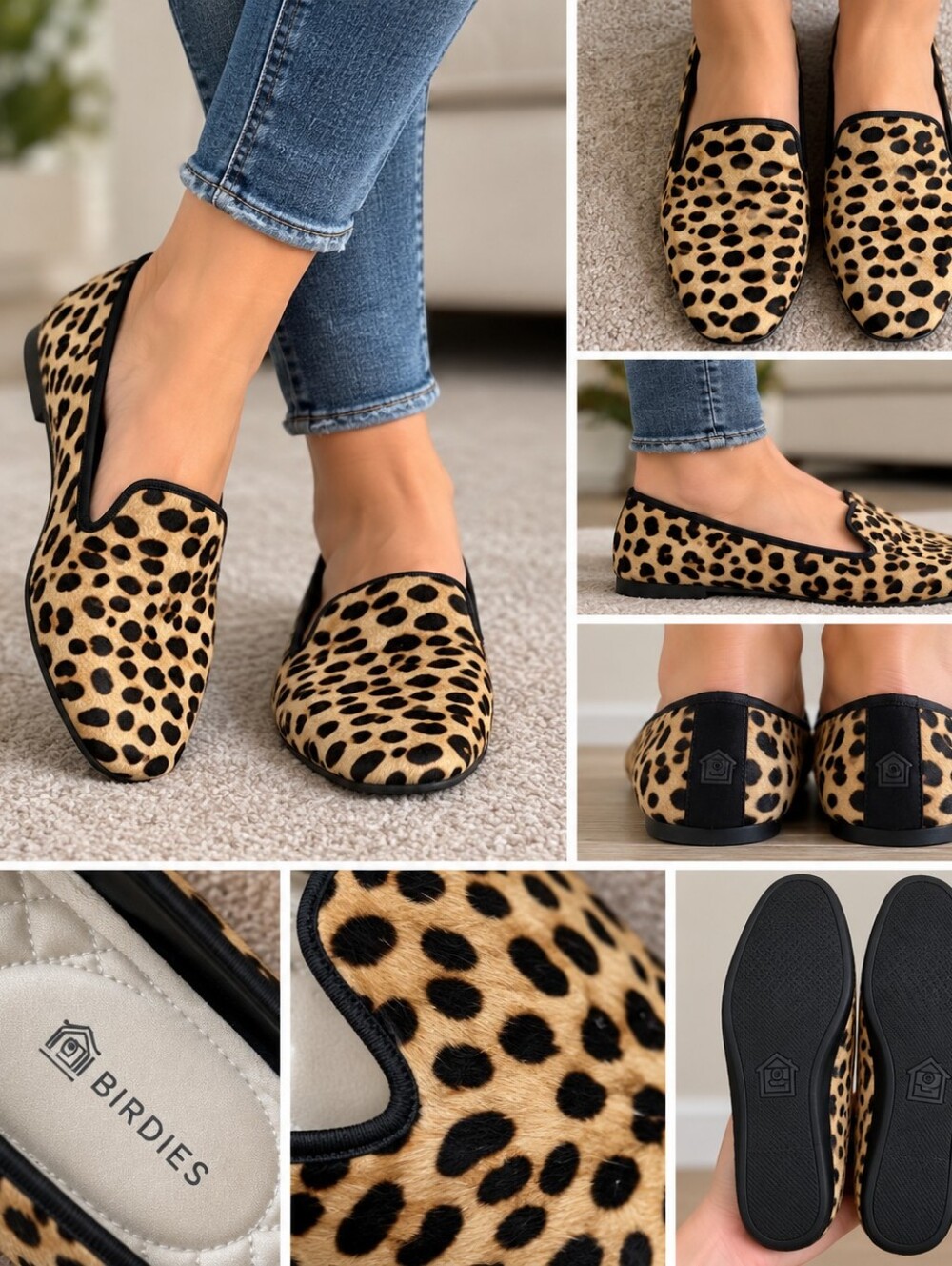 Birdies The Starling Leopard Calf Hair Loafers Slippers